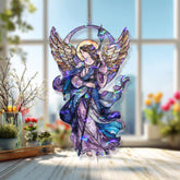 Angel Acrylic Suncatcher, Stained Glass Style Guardian with Golden Wings and Staff, Spiritual Window Hanging Religious Home Decor Gift